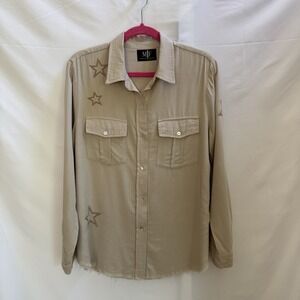 Moving Forward Designs Star Shirt Womens Size S Tan Embroidered Button Boho Chic